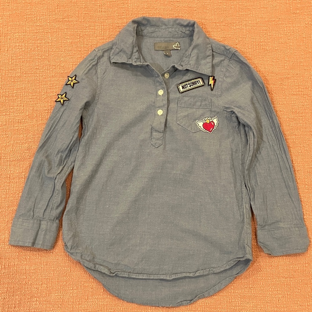Vintage Sears Kids blue Jean cotton  Button neck Shirt with Fun Patches